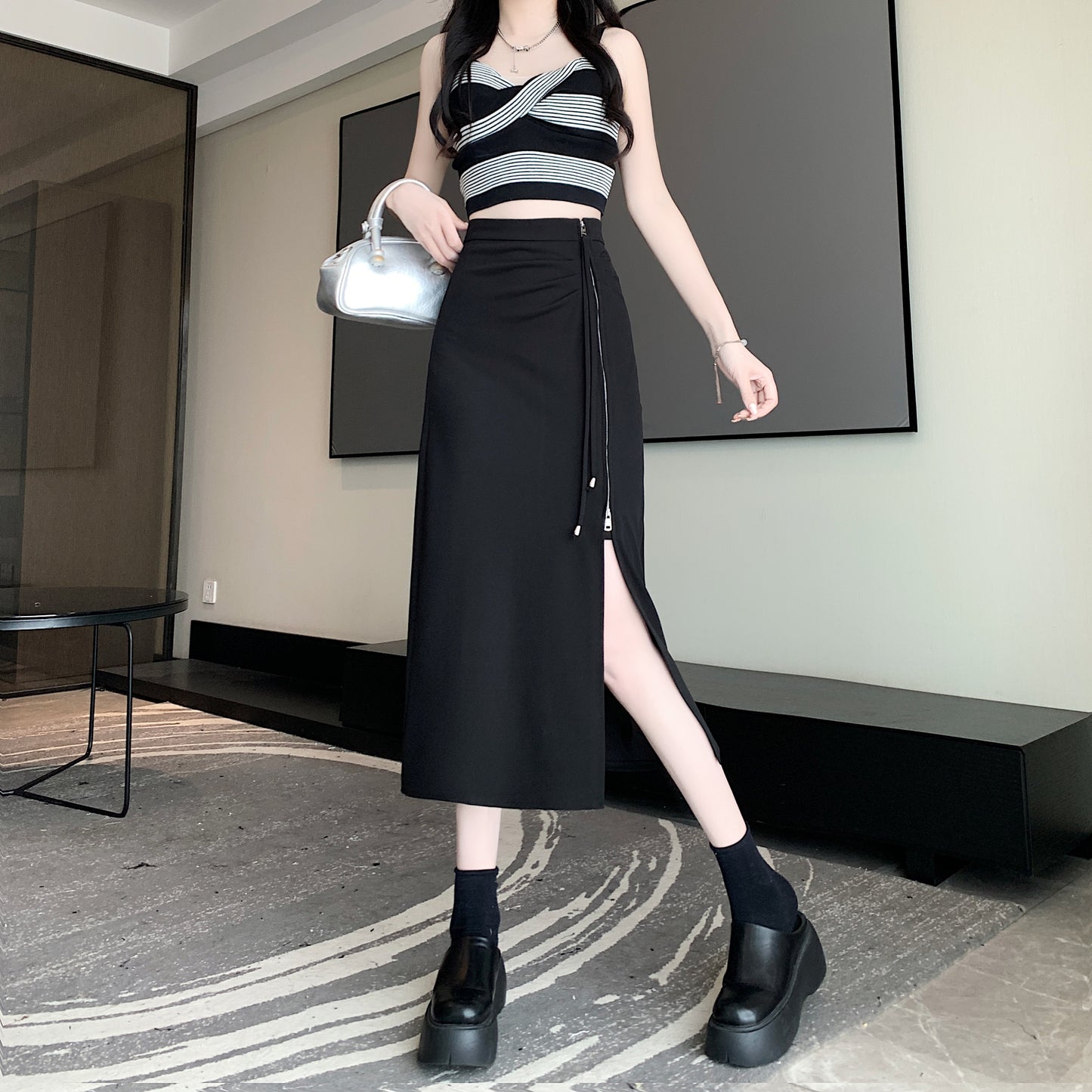 Irregular Slit Pleated Mid-length High Waist Sheath A- Line Skirt