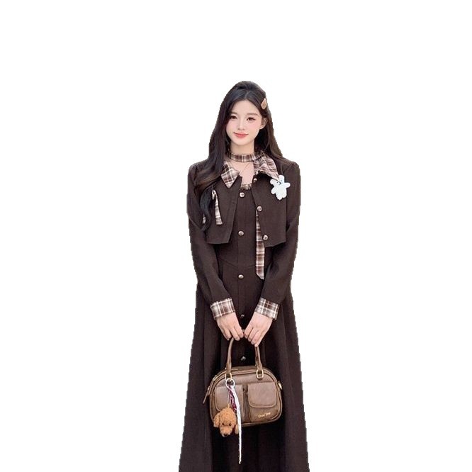 French Retro Womens AutumnWinter Plaid Blazer Dress Two-Piece Set