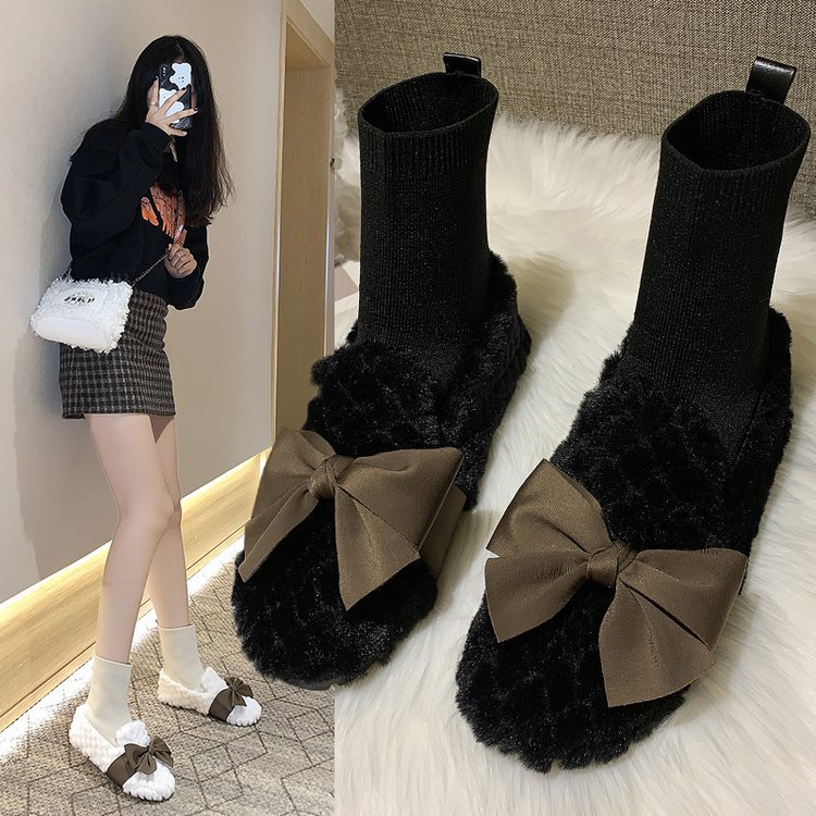 Women's Plush Shoes Autumn And Winter Bow And Velvet
