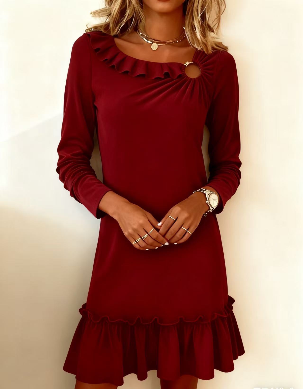 Womens Dress Fashionable Loose-fit V-neck Solid Color