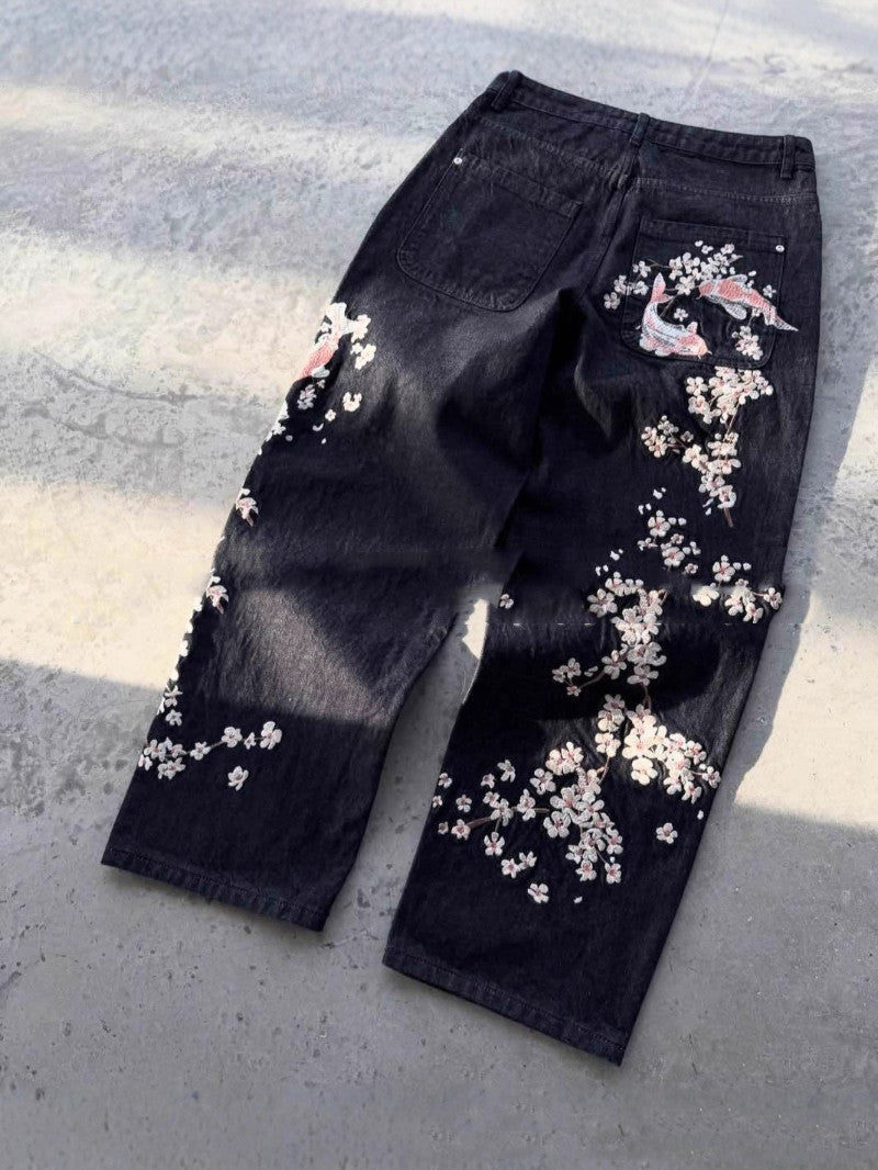 Digital-print Floral Faux Denim Straight-leg Floor-length Pants 3D