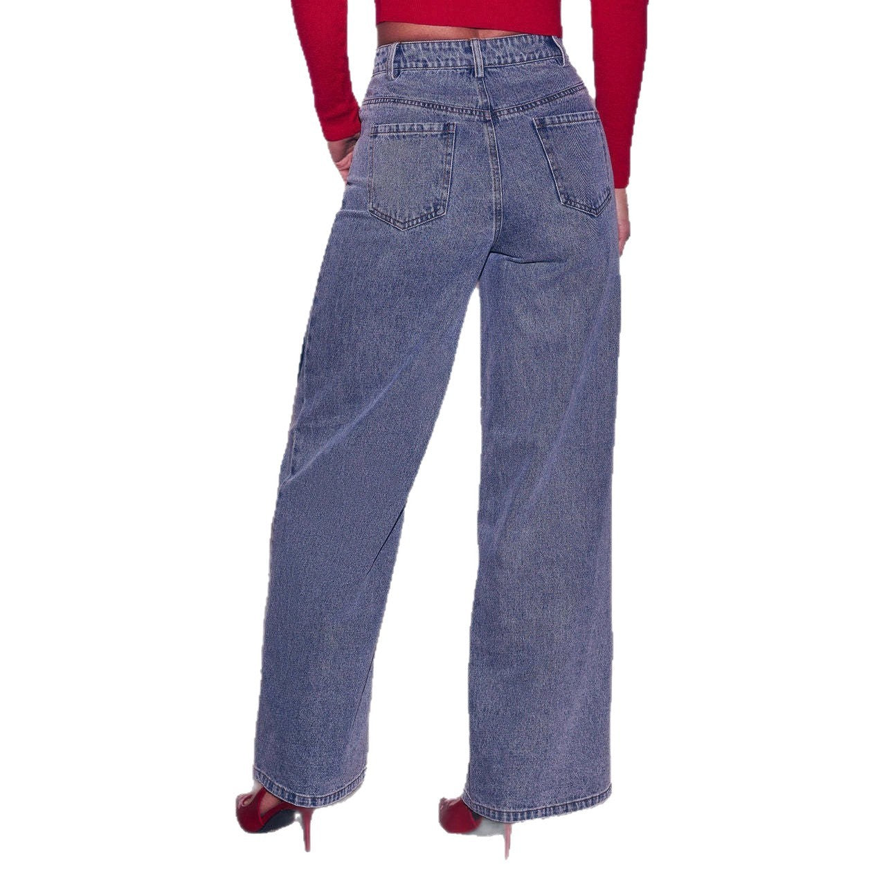Retro Washed Relaxed Fit Wide Leg Denim Jeans With A Heart Print Design
