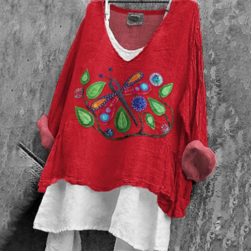 Women's Colorful Dragonfly Pattern Print Cotton Linen Shirt