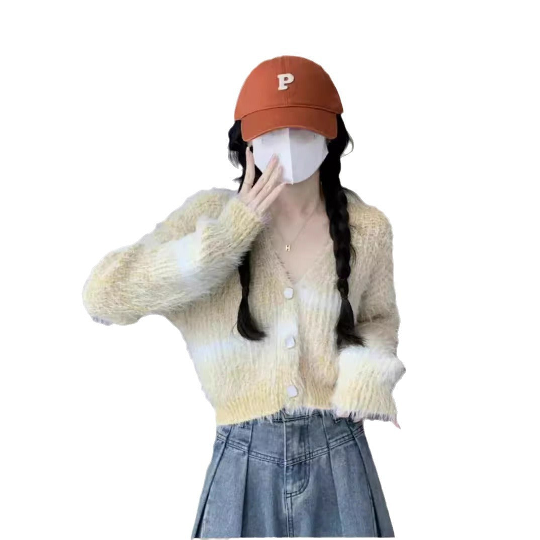 Gradient Color Autumn And Winter V-neck Mink Sweater Coat Female Small Short Outer Wear Wool Knit Cardigan