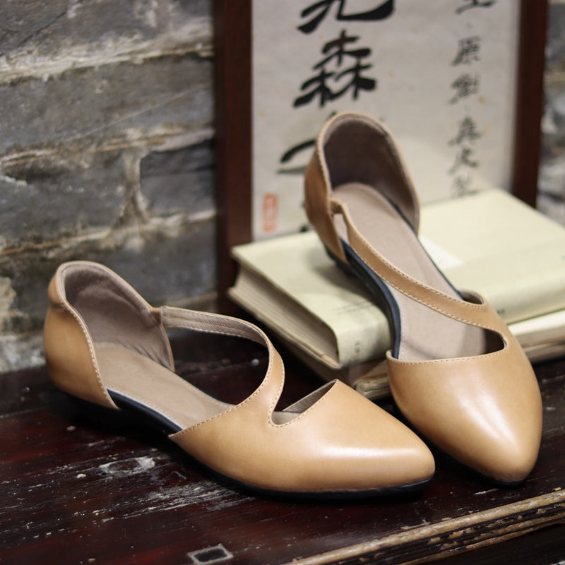 Women's Pointed Toe Slanted Flat Hollow Vintage Leather Sandals