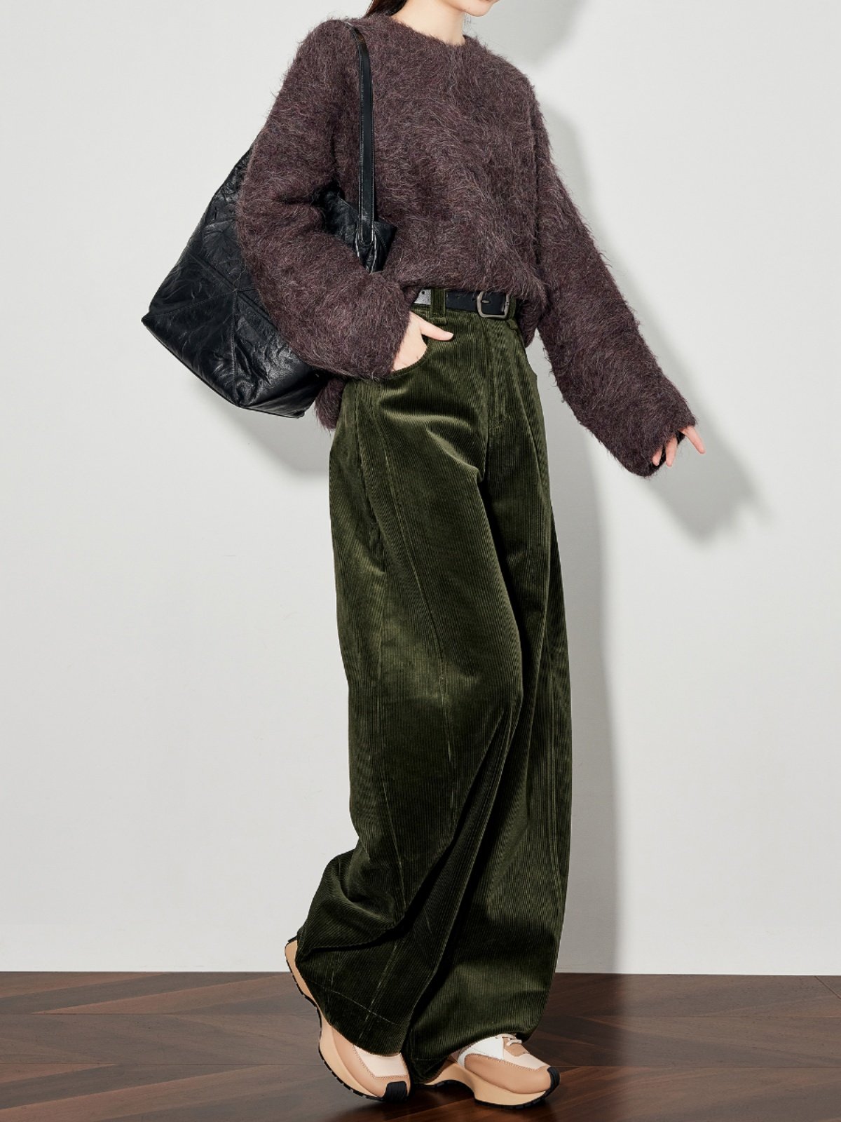 Womens Green Corduroy Casual Pants Wide-leg Style