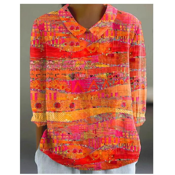 Loose Printed Crew Neck Casual Plus Size Pullover Women's Short Sleeve
