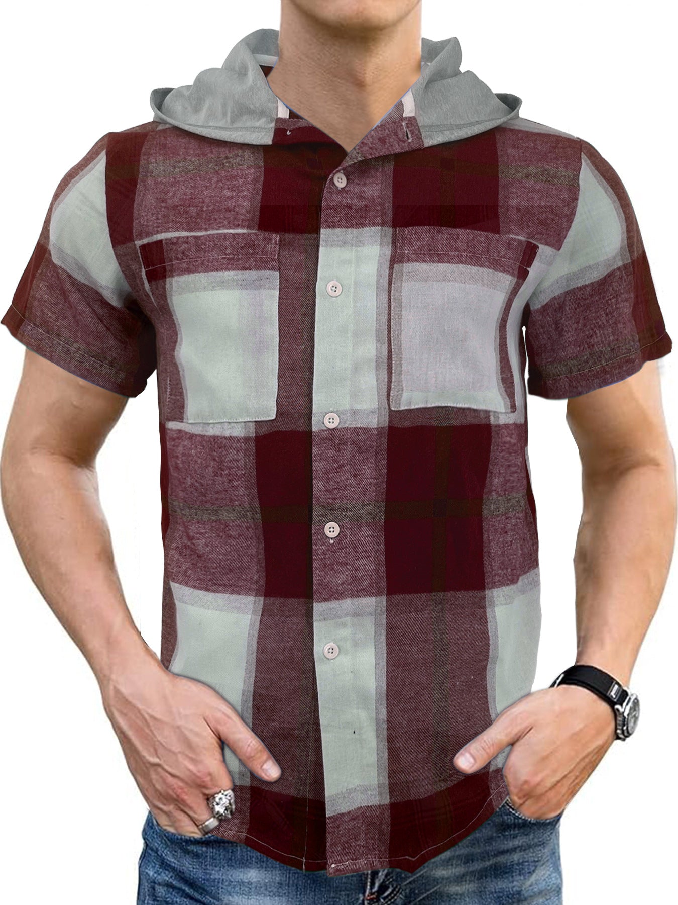 Casual Hooded Business Men's Short-sleeved Plaid Shirt