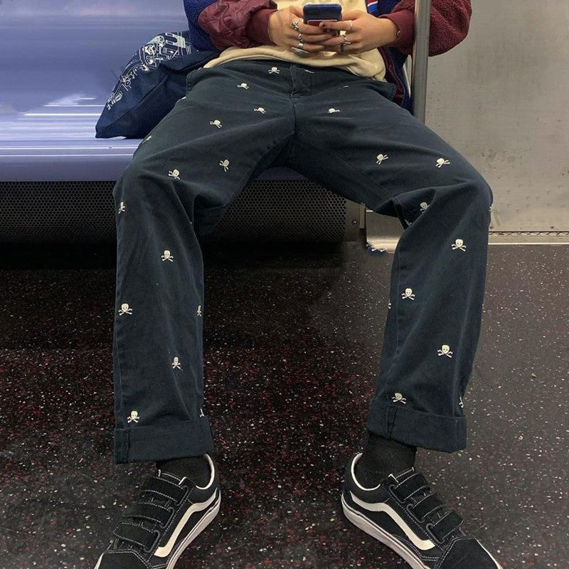 Female Tibetan Blue Skeleton Head Straight Tube Loose Relaxed Pants