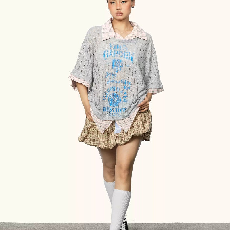 Fake Two-piece Printed Hollow-out Short-sleeved T-shirt Female Summer New