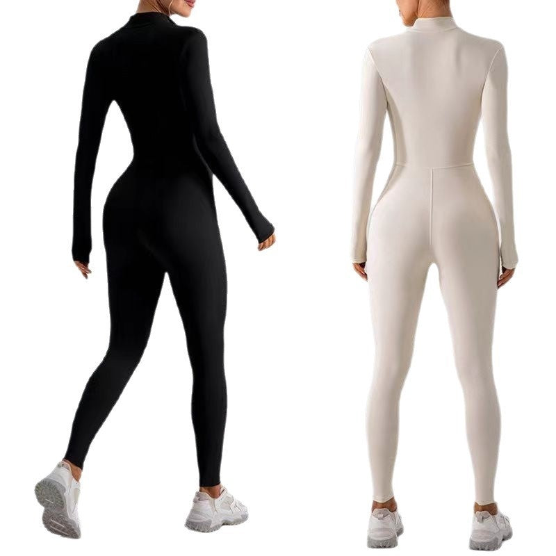 Zipper Nude Feel Close-fitting Fleece Yoga Jumpsuit