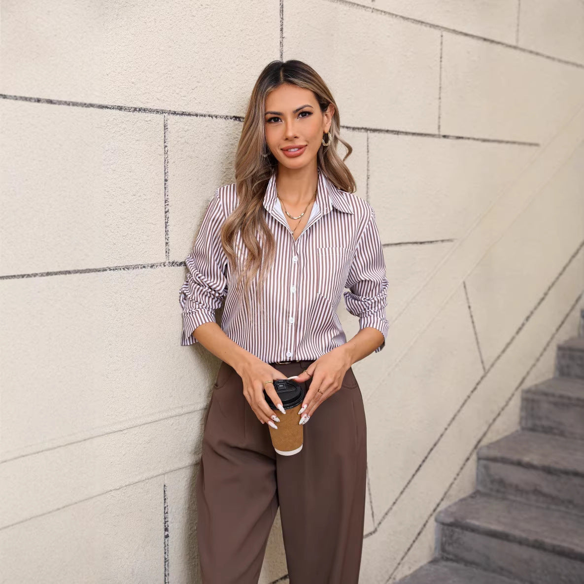 Womens Striped Loose-Fit Casual Collared Long-Sleeve Shirt
