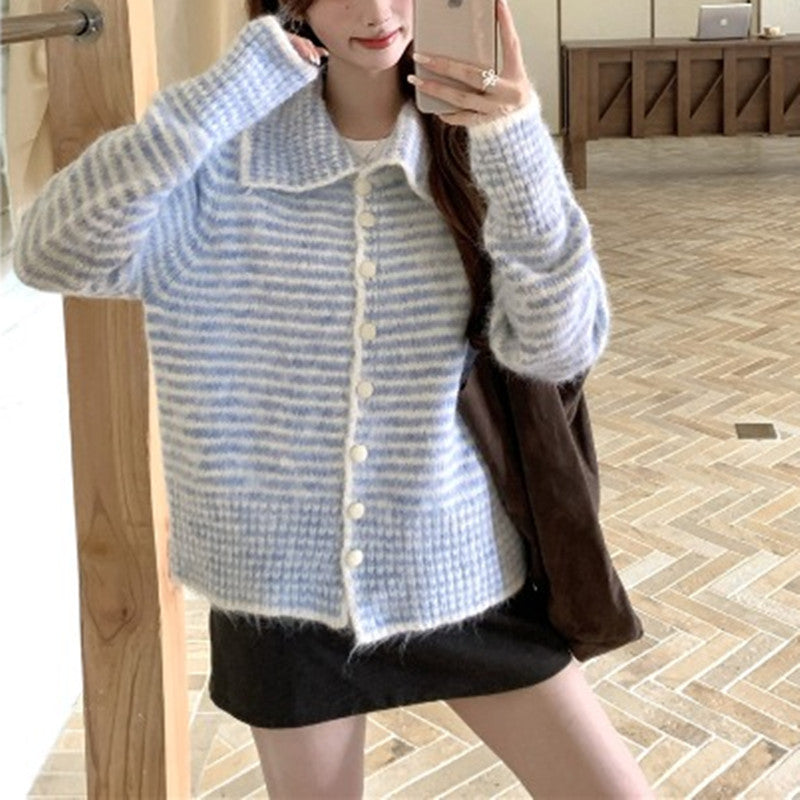 Gentle Simple Korean Style Polo Collar Stripes Long Sleeve Sweater
