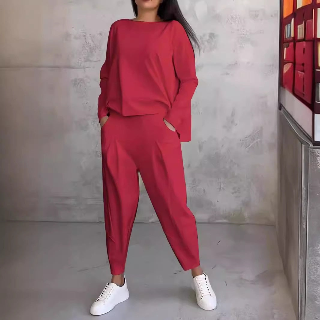 Women's Solid Color Casual Tappered Round Neck Long Sleeve Two Pieces
