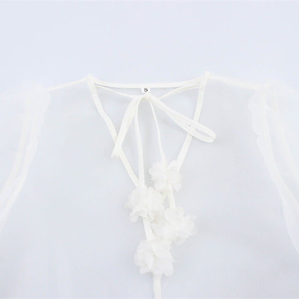 V-neck Puff Sleeve Three-dimensional Flower Decoration Sheer Top
