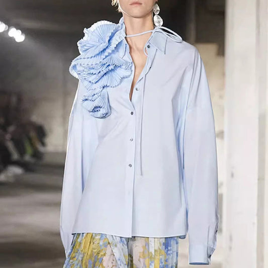 Design Sense Stitching Ruffle Three-dimensional Flower Casual Shirt