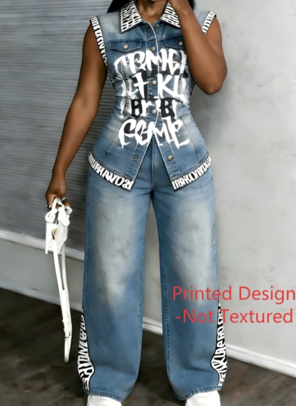 Workwear Style Sleeveless Printed Two-piece Set