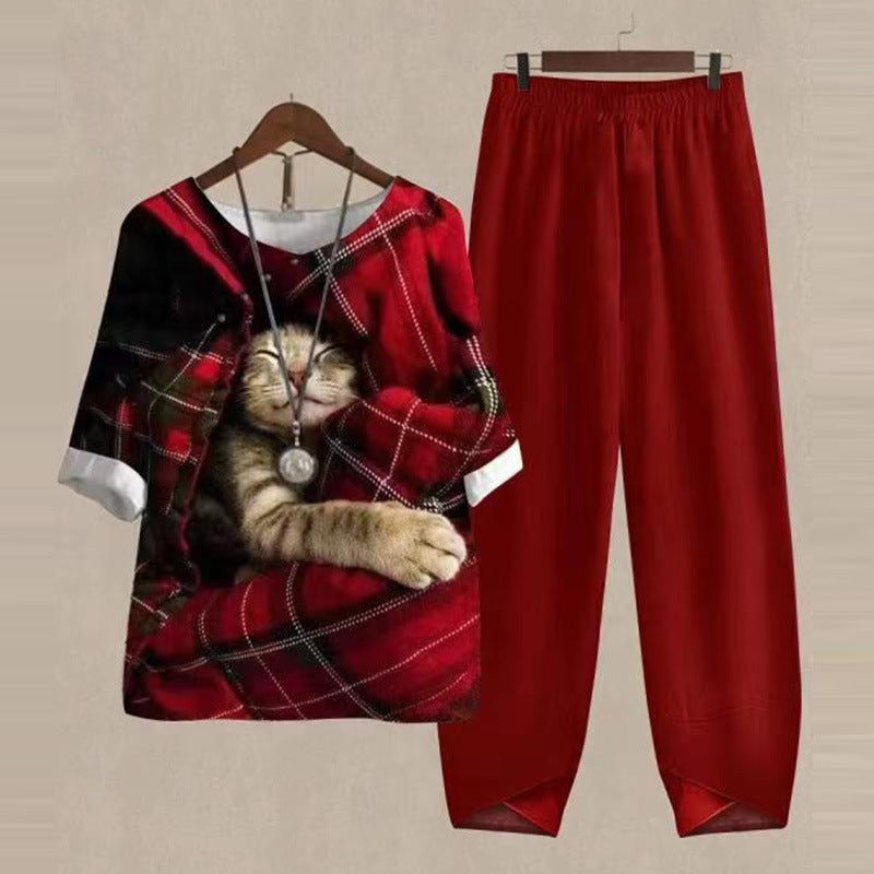 Women's Five-quarter Sleeve Printed Top Two-piece Pants