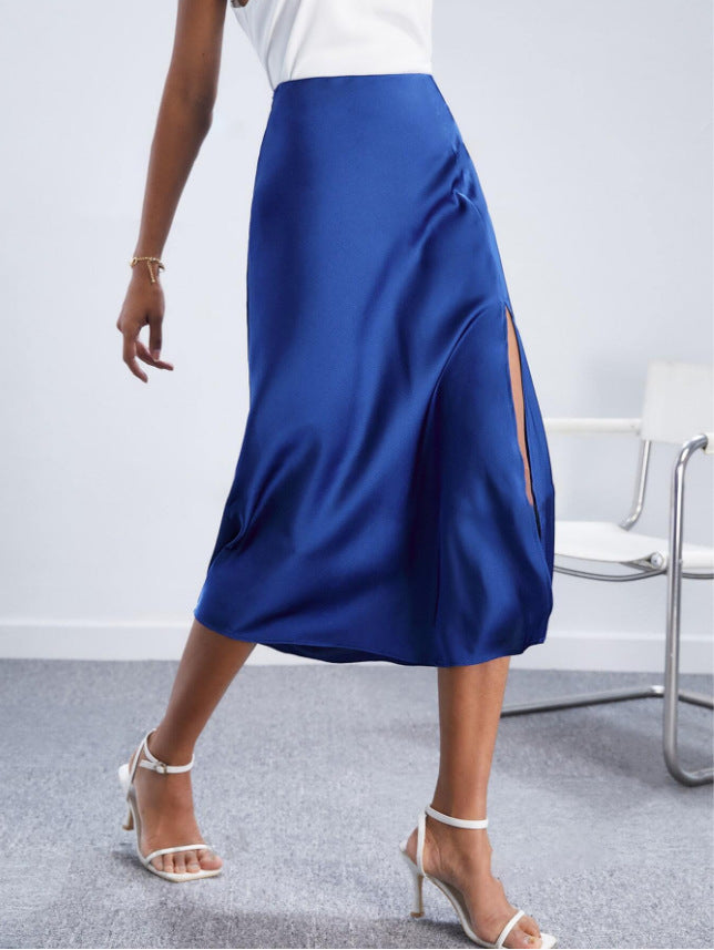 High-waist Satin Skirt, Slit Long Skirt, Satin Midi Skirt, Spring New Style
