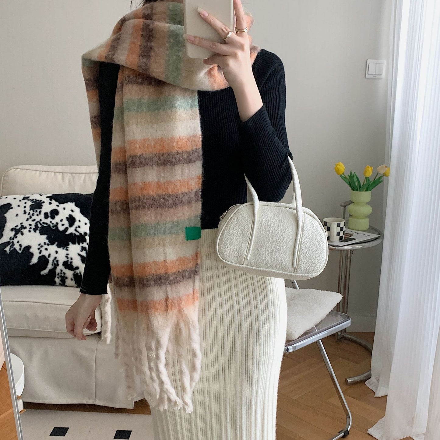 Striped Cashmere Thick Scarf With Contrast Color