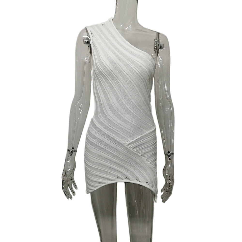 Designer Patchwork One-Shoulder Solid Color Knitted Dress