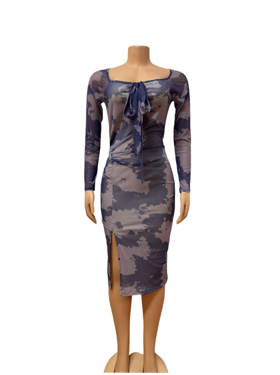 Mesh Print Floral Split Long-sleeve Midi Dress