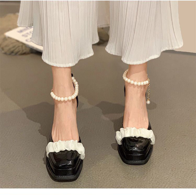 Women's New Fashion Pearl Chunky Heel Square Toe Leather Shoes