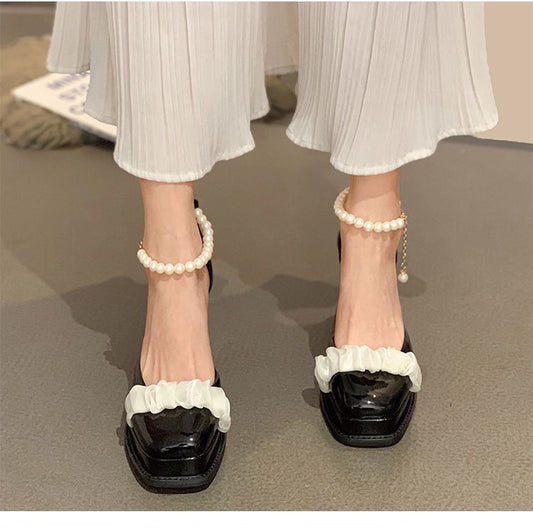 Women's New Fashion Pearl Chunky Heel Square Toe Leather Shoes