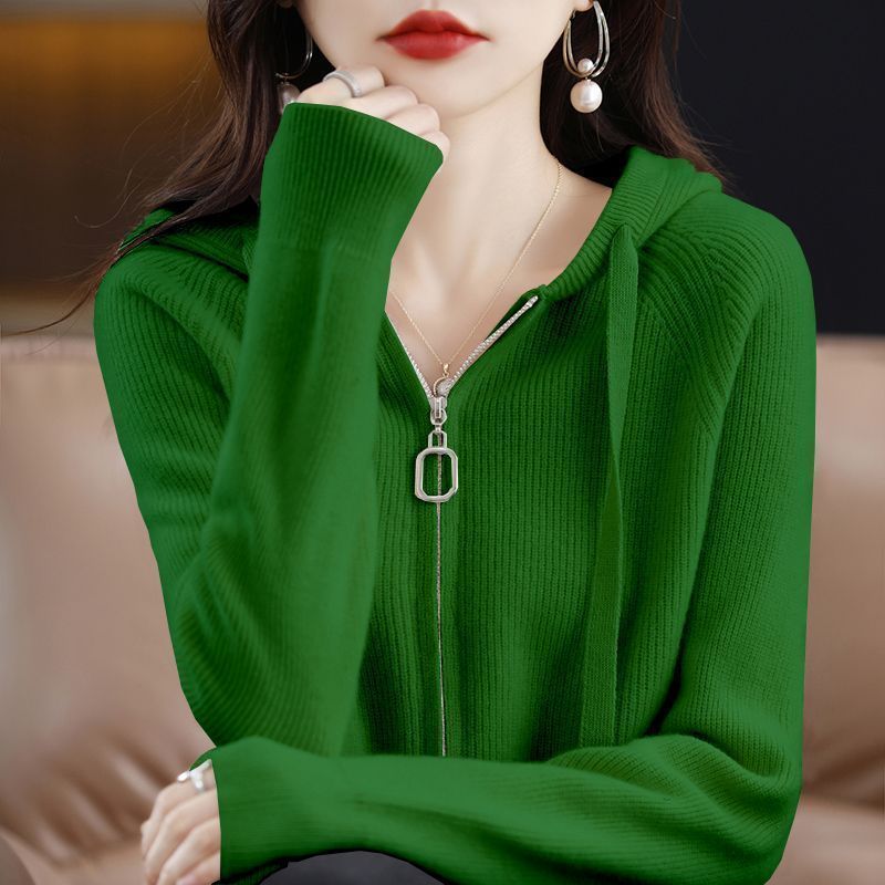 Womens Loose-Fit Zip-Up Hooded Outer Sweater