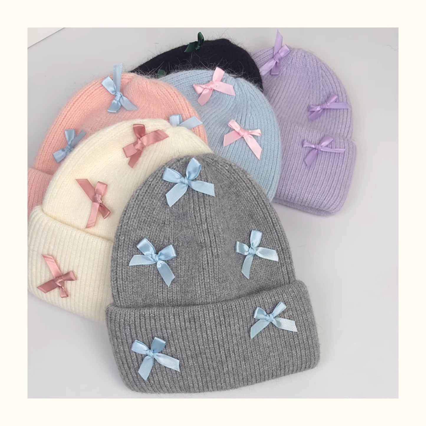 Women's Cute Bow Ribbon Rabbit Fur Knitted Hat