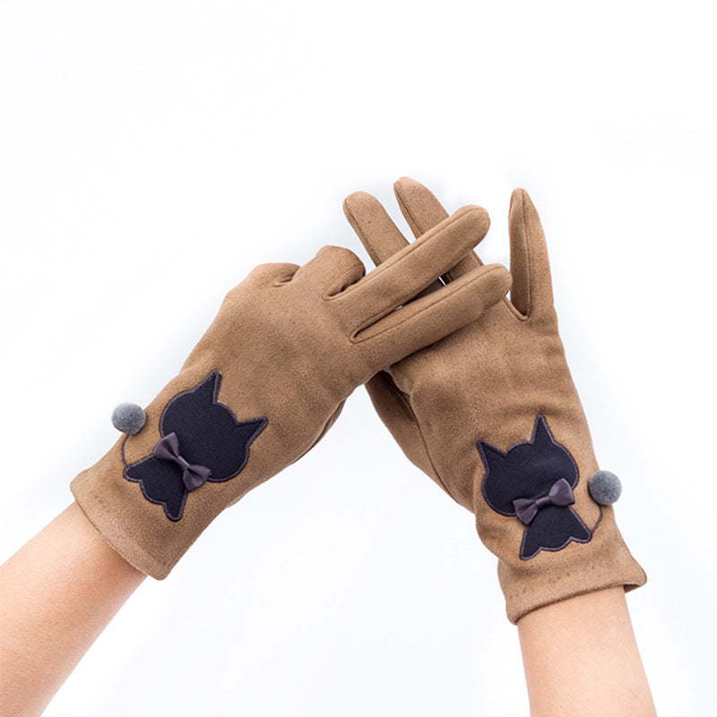 Autumn And Winter Embroidered Cat Touch Screen Gloves Suede Thickened Fleece-lined Riding Warm Gloves
