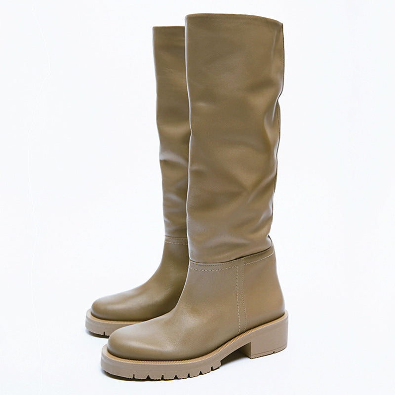 Leather Flat Round Toe Sand Brown Below The Knee High Leg Boots