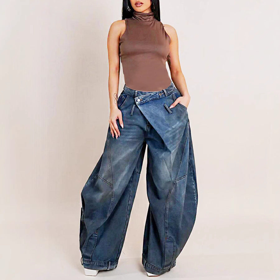 Retro slidt og falmet look, jeans til kvinder med omvendt linning