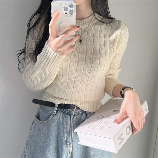 Japanese Sweater Preppy Style Short Cable-knit Sweater Round Neck Long Sleeve