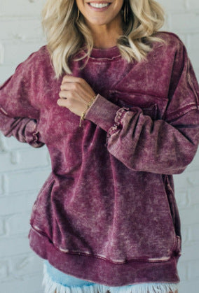 Vasket Bomuld Løstsiddende Afslappet Rundhalset Sweater T-shirt Til Kvinder