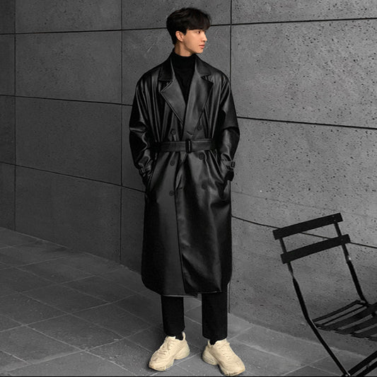 Men's Mid-length Double-breasted Leather Jacket Slim-fit Korean Handsome Windbreaker