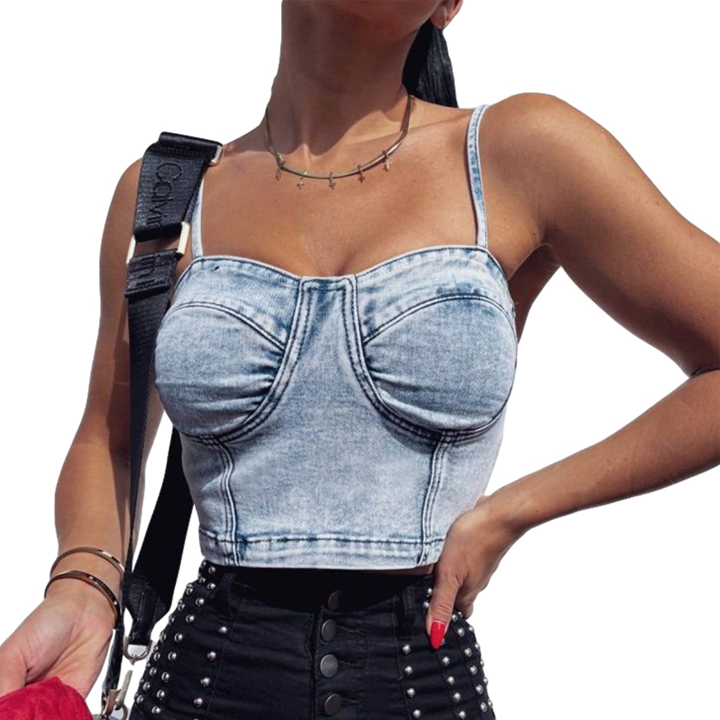 Back Zipper Denim Top Spring And Summer Sexy Suspenders