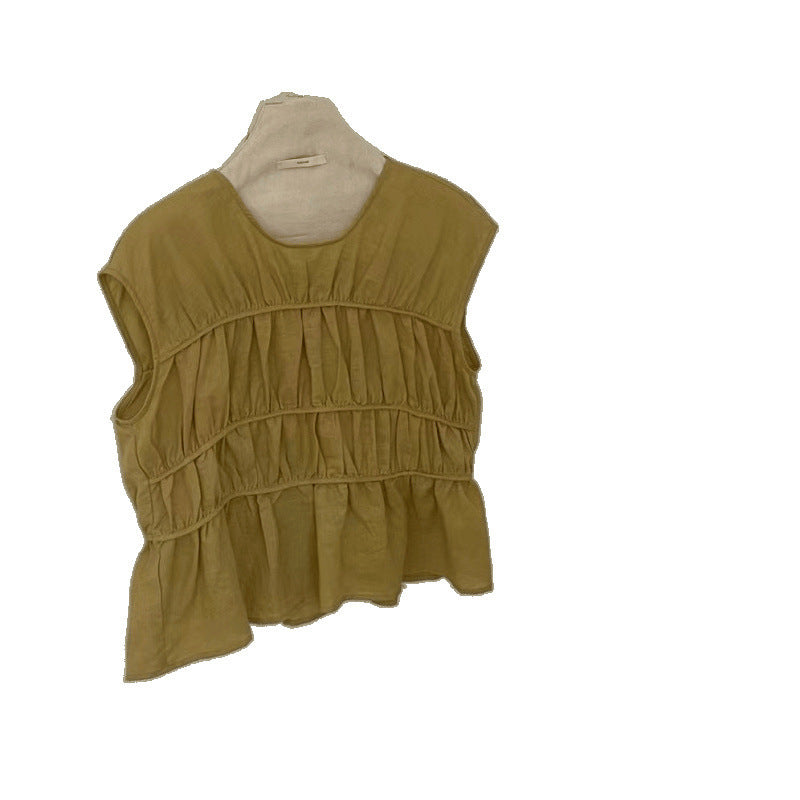 Sweet Temperament Pure Color Pleated Round Neck Versatile Design Sleeveless Pullover Shirt Top For Women