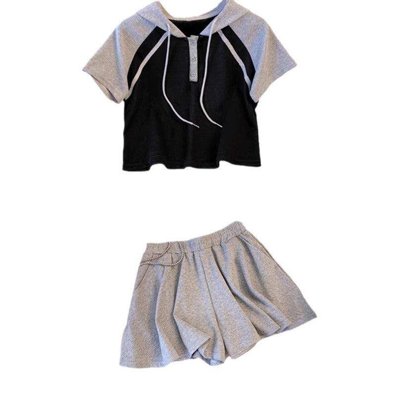 Double Zipper Hooded T-shirt And Shorts Two-piece Set