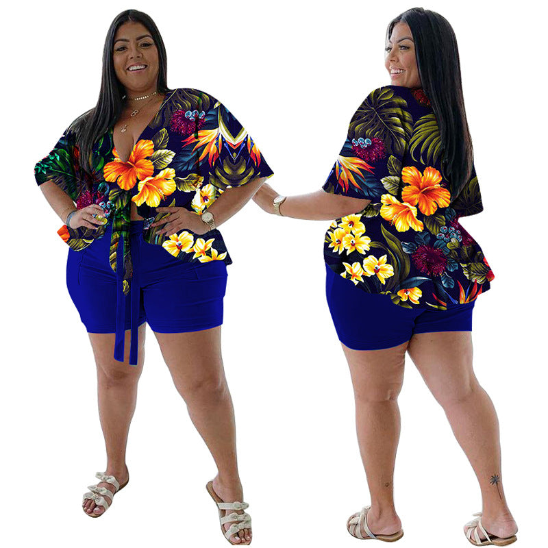 Women's Plus-Size Casual T-Shirt And Shorts Set With Print