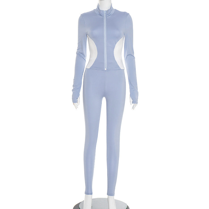 Casual Color-Block Tight-Fit Long-Sleeve Pants Set