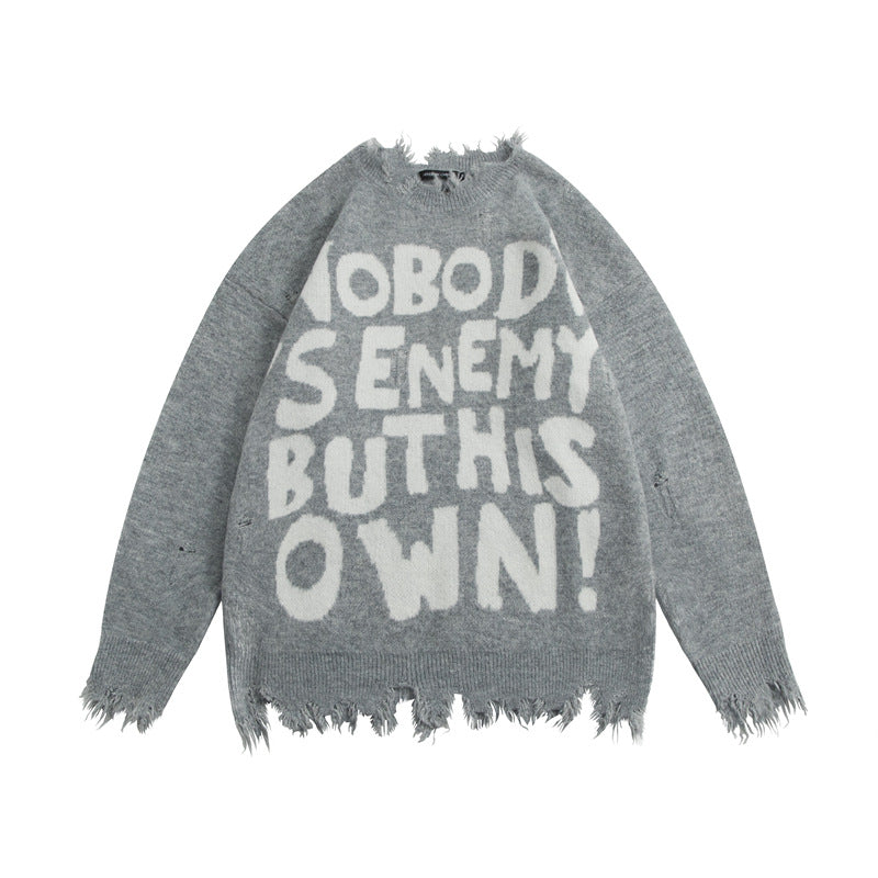 Street Fashion Make Old Ripped Letter Jacquard Burr Knitted Pullover