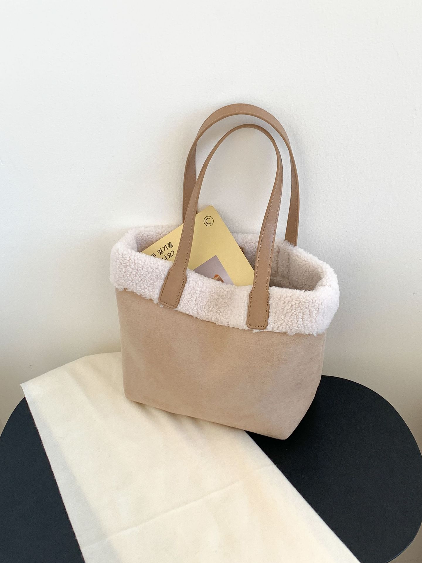Retro Plush Turned-Over Hem Patchwork Suede Bag
