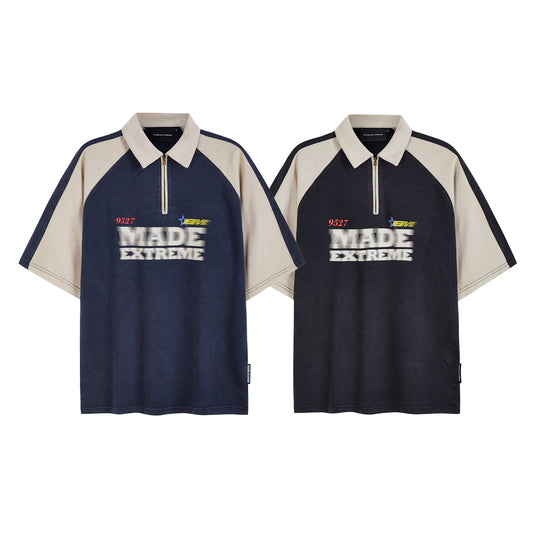 Retro Contrast Color Half Zipper Printed Letter Short Sleeve Polo Shirt