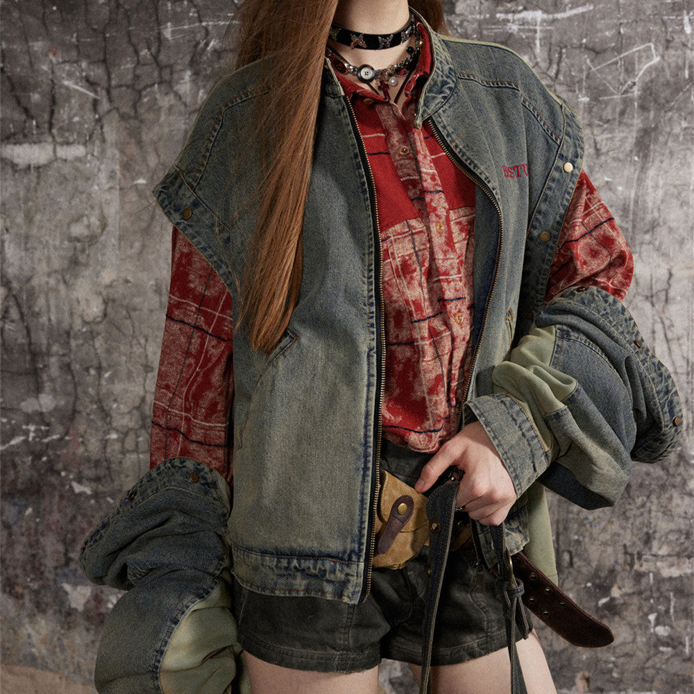 Punk Detachable Long Sleeve Stitching Washed And Worn Stand Collar Jacket