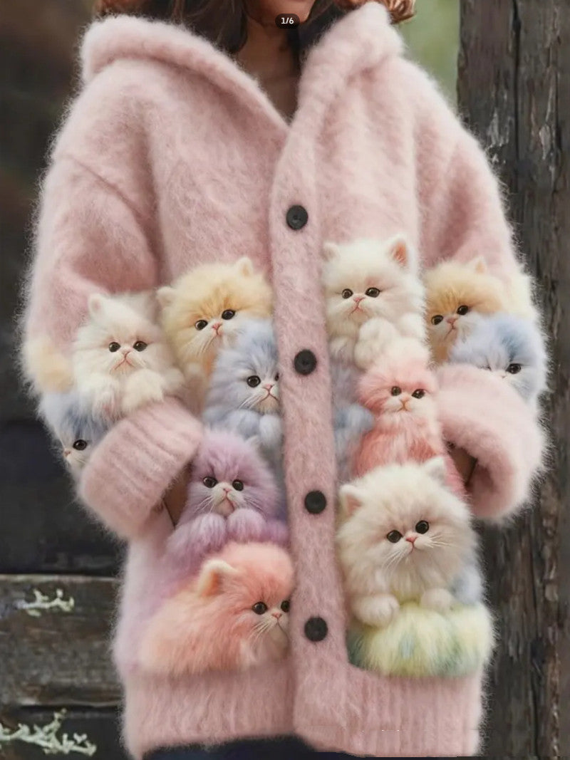 Casual 3D Printed Animal Cat Hooded Cape Jacket Cardigan