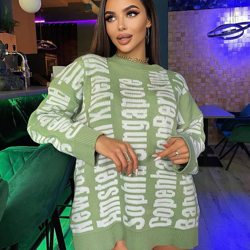 Long Sleeve Letter Crew Neck Loose Sweater Knit Dress