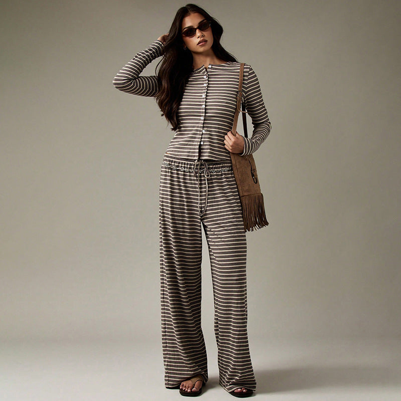 Striped Single-breasted Long Sleeve Drawstring Trousers Two-piece Suit