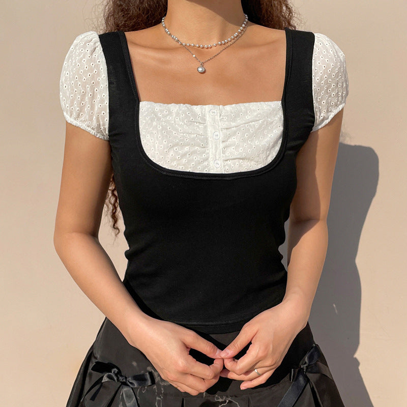 Fake Two Black And White Contrasting Temperament Square Neck Short Sleeves