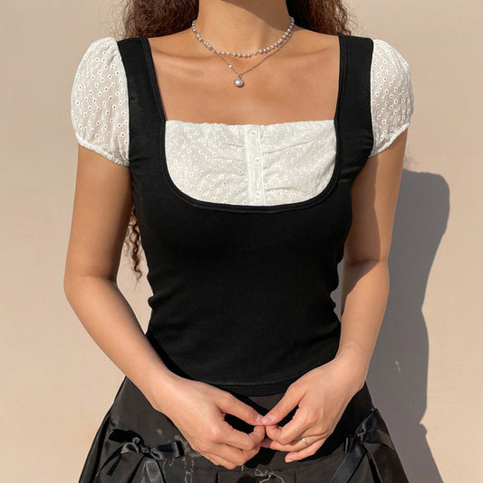 Fake Two Black And White Contrasting Temperament Square Neck Short Sleeves